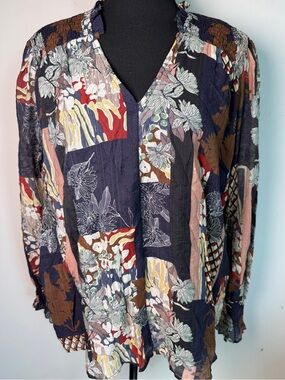 Avara Patchwork Print Smocked V-Neck Blouson Peasant Ruffle Top Boho Sz L